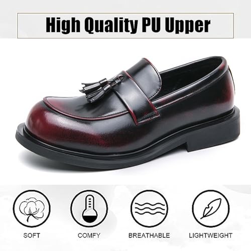 Men's Leather Tassel Slip-On Low Block Heel Loafers Fashion Comfortable Luxury Round Toe Low Top Chunky Low Heel Penny Loafers Casual Work Office Business Dress Shoes4