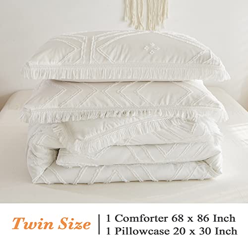 Oarage White Tufted Boho Comforter Set Twin, 2 Pieces Fringe Tassel Geometric Textured Embroidery Comforter Shabby Chic Farmhouse Lightweight Bedding Comforter Sets For Women With 1 Pillowcase #TOP5