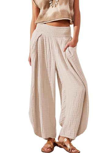 chouyatou Women's Summer Casual Smocked Waist Pant Wide Leg Beach Pants Palazzo with Pockets