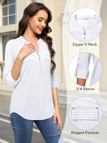 Image of Bulotus 3 /4 Length Sleeve Womens Striped Tops Zipper V Neck Collared Blouses Business Casual Tunics 2026 Spring Trendy