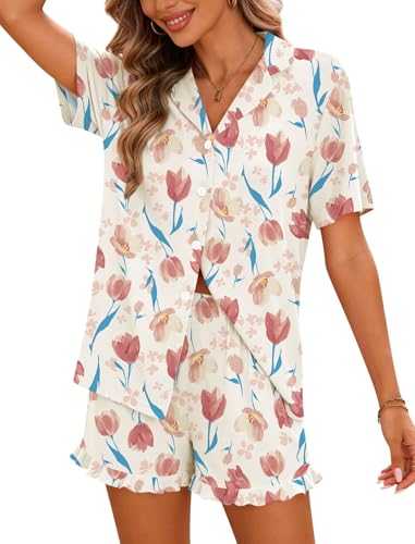 Image of SWOMOG Woman Pajama Set Short Sleeve Pjs Set 2Pcs Short Pajamas Button Down Ruffle Hem Sleepwear Soft Modal Loungewear