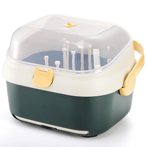 Kingrol Estante de secado de biberones con cubierta para viajes de cocina en casa, organizador de almacenamiento de botellas de gran capacidad con agujeros de drenaje para botellas, tetinas, tazas,