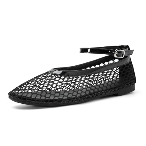 Women's Mesh Ballet Flats Shoes for Women Fishnet Ballet Flats Mary Jane Flats Round Toe Comfortable Dressy Netted Ballet Flats with Buckle Strap Black2