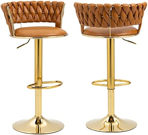 Modern Pu Leather Swivel Bar Stools Set of 2, Mid Century Counter Height Bar Stool with Woven Back, Adjustable Kitchen Dining Chairs, Barstools for Kitchen Island, Cafe, Pub, Bar Counter (Brown)
