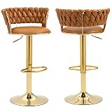 Modern Pu Leather Swivel Bar Stools Set of 2, Mid Century Counter Height Bar Stool with Woven Back,