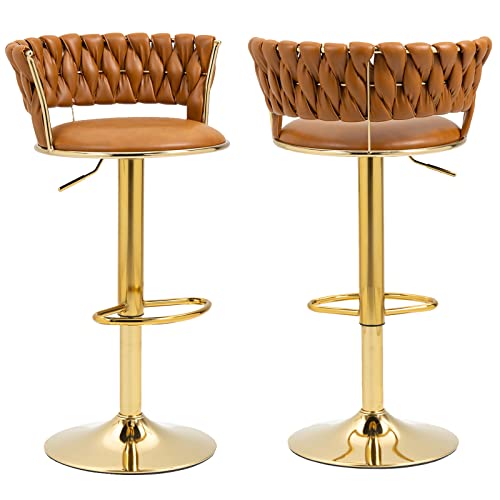 Modern Pu Leather Swivel Bar Stools Set Of 2, Mid Century Counter Height Bar Stool With Woven Back, Adjustable Kitchen Dining Chairs, Barstools For Kitchen Island, Cafe, Pub, Bar Counter (Brown) #TOP3