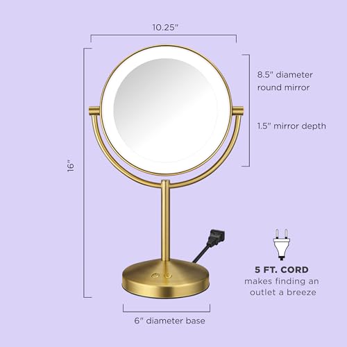 Conair Lighted Makeup Mirror, Double-Sided LED Vanity Mirror with 1X/10X Magnification, 3 Light Settings, 3 Modes, 360° Rotation, Brushed Brass Finish