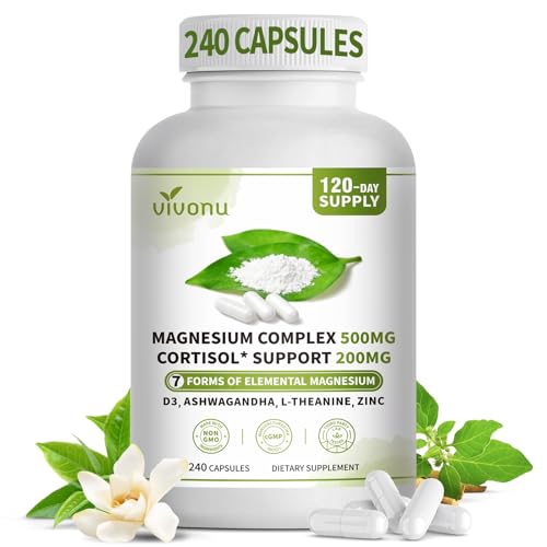 Image of VivoNu Magnesium Complex for Women & Men with Cortisol Support, D3, Zinc, Ashwagandha*, 7 Forms Magnesium Supplement 500 MG - Magnesium Glycinate, l threonate, Citrate for Sleep, Stress* Relief