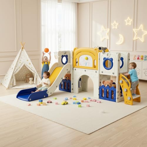 MAMIZO 10 en 1 Tobogán Infantil, Tobogán para Niños con Canasta de Baloncesto y Telescopio de Juego, Tobogán Infantil Interior y Exterio,con Almacenamiento, Túnel, mit 4PCS Moduls, Azul Amarillo
