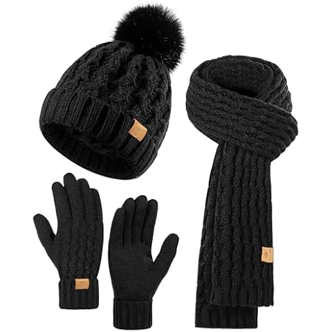 PAGE ONE Womens Winter Knitted Beanie Hat Warm Fleece Lined with Pompom Cap Thick Slouchy Snow Knit Skull Ski Cap Cover