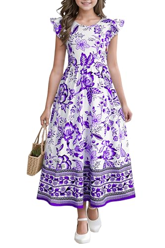 Kilottor Girl's Dress Summer Boho Floral Flutter Sleeve Party Casual A Line Vacation Maxi Dress 9-14 Years (Purple, 11-12 Years)