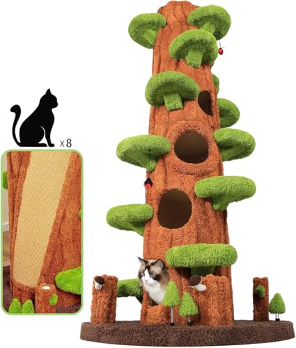 Super Large Cat Tree for Indoor Cats, All-in-One Tall Cats Tower with Scratching Post, Luxury Multi-Level Solid Wood Cat Condo for Multi-Cat Families (Green)