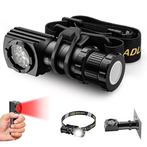 High Lumens LED Headlamp Rechargeable – 180° Adjustable Hard Hat Light with Red Light