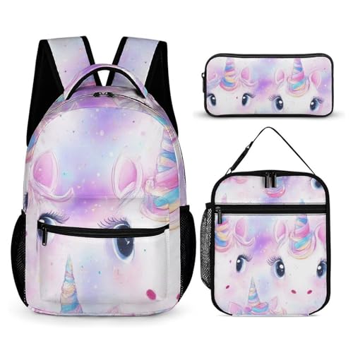 Bookbag Set Daypack with Lunch Box Makeup Bags Shoulder Bags with Lunch Bag Cosmetic Bag Unicorns Face Rainbow Art Backpack Set