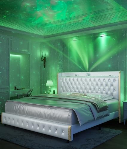 GEGOFORU Queen Bed Frame with LED Lights and Galaxy Projecton, Upholstered Wingback Platform Bed, No Box Spring Needed, Sturdy Noiseless Modern Headboard with Starry Accents, Easy Assembly, PU White