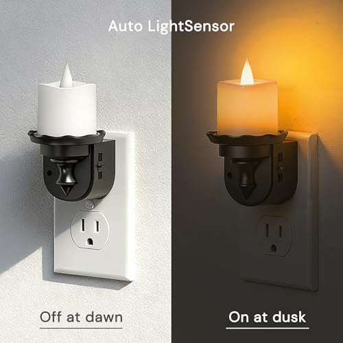 Image of L LOHAS LED Flameless Candle Night Light, Flicker Night Lights Plug in | 2 Pack, Amber Candle Nightlight with Light Sensor, 0-100LM Dimmable LED Flickering Nightlights for Kids Hallway Bathroom