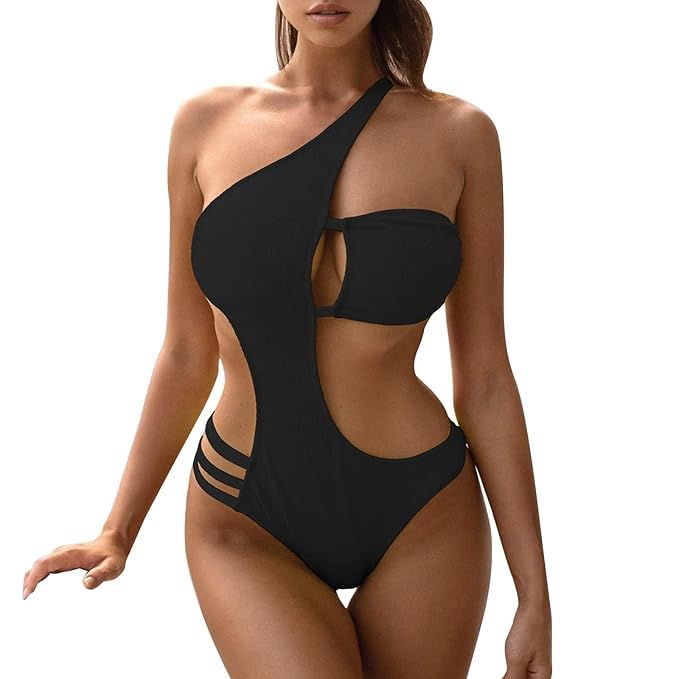 Black One Shoulder Cut Out Monokini Swimsuit for Women, High Cut One Piece Bathing Suit with Strappy Sides