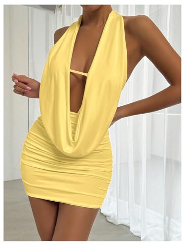 Image of SOLY HUX Women's Sexy Deep V Neck Halter Bodycon Mini Dress Sleeveless Party Club Dresses