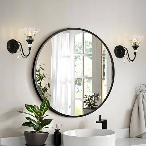 Image of 1 Piece Black Wall Sconce, 1-Light Black Farmhouse Wall Sconce with Hanging Crystal Accents and Flower-Shaped Clear Shades for Bathroom Bedroom Living Room,Vintage Vanity Light