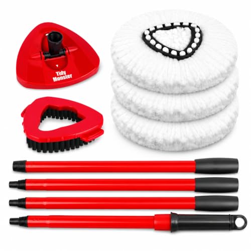 Image of Spin Mop Replacement Set for OCeda EasyWring Spin Mop 1-Tank System, Contains 3 Replace Heads, 1 Spin Base, 1 Scrubber Head and 4-Section Handle (No Bucket)