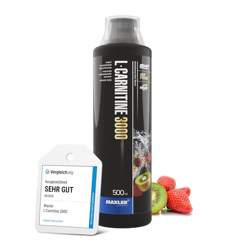 Maxler L-Carnitine 3000 - Erdbeere-Kiwi - 500ml - Hochdosiertes L Carnitin Liquid - Vegane Nahrungsergänzuing - 3000mg Wirksotff pro Portion - 20 Portionen - Inklusive Messbecher