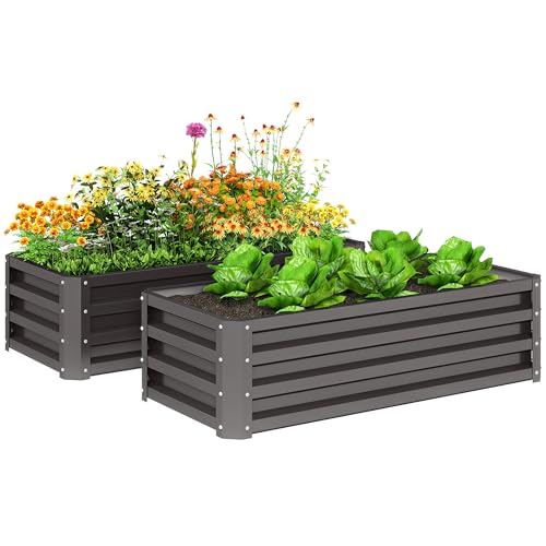 Outsunny Set di 2 fioriere rialzate in acciaio per giardino, per esterni, facili da montare, per coltivare fiori, erbe e verdure, grigio scuro