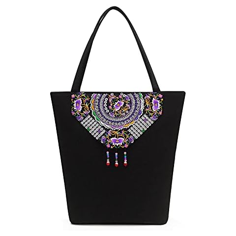 Black Tote Bags for Women Large Embroidered Handbags Purse Canvas Casual Shoulder Bag Daily Bag Cover