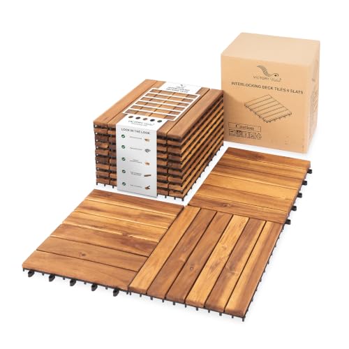 VICTORY RELAX Natural Acacia 12x12 Interlocking Wood Deck Tiles for Balcony, Garden, Patio, Poolside Decor - Waterproof Indoor & Outdoor Flooring - 6 Slats, Round Joints, Pack of 9, Natural Color