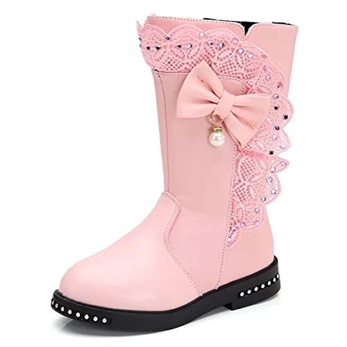 JOEupin Girl's Waterproof Lace Bowknot Side Zipper Fur Lined Tall Winter Boots (Toddler/Little Kid/Big Kid)