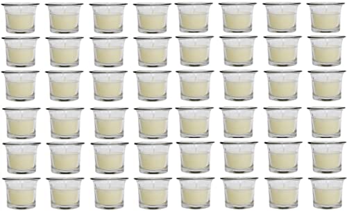 Image of HOSLEY Oyster Cup Clear Glass Filled Candles 48 Pack Ivory Hand Poured Unscented Wax Candles for Home Restaurants Shabbat Church Weddings Romantic Moments Party Spa Meditation