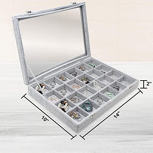 Bracelet & Jewelry Organizer Tray- See Through Lid- Black Velvet -For Organzing & Decluttering Bracelets, Bangles & Watches, Rings & Earrings-Jewelry Organizer For Women Teens & Girls (Grey 24 Grid) #TOP5