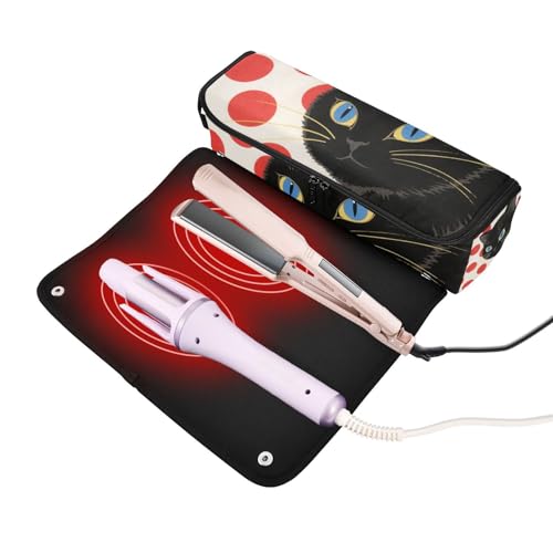 Bolsa de viaje para herramientas de cabello con tapete removible resistente al calor y organizador impermeable para planchas, rizadores y alaciadoras, diseño Red Dots Black Cat miniatura 2