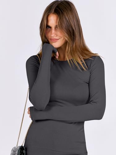 image for ANRABESS Women Long Sleeve Shirts Rib Knit Slim Fit Tops Basic Tee 202