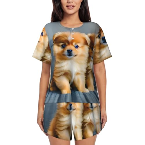 Pyjama manches courtes femme respirant à pois ensemble fluide d'été motif loulou de Poméranie