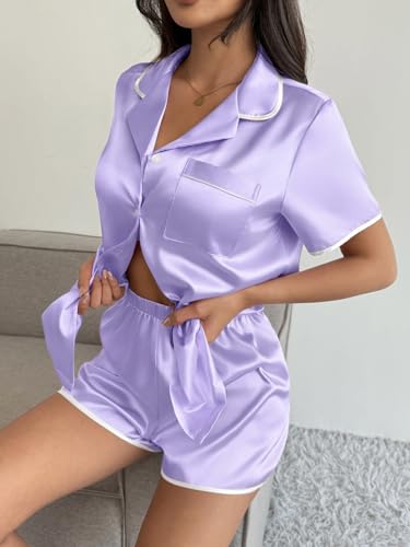 Image of Ekouaer Womens Satin Pajamas Set 2 piece Silky Buttton Down Short Pjs | Silk Notch Collar Top and Soft Shorts Lounge Set for Sleep, Daily Wear, Home, Wedding, Party