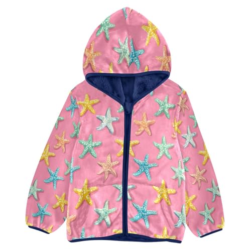 Colorful Starfish Pattern on Pink Toddler Fleece Jacket Girl Boys Hooded Fleece Jacket Coat Warm Outwear Zip-up 3-10T