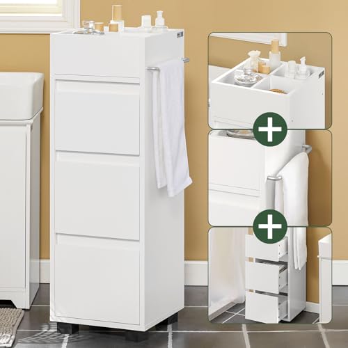 SoBuy Mueble Baño Estrecho– Armario Estrecho con 3 Cajones, 4 Compartimentos, Toallero – Cajonera Baño compacta Adecuada para Espacios reducidos Blanco, 30x90x30 cm, BZR29-W - imagen 5