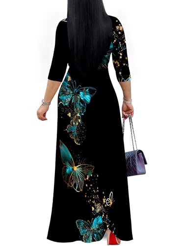 Image of SUZONANA Plus Size Dresses for Women Print Maxi Dresses Flowy 3 /4 Sleeve with Belt