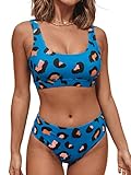 Hilinker Women's Leopard Bikini Set Scoop Neck 2 Piece High Waisted Swimsuit Blue Large
