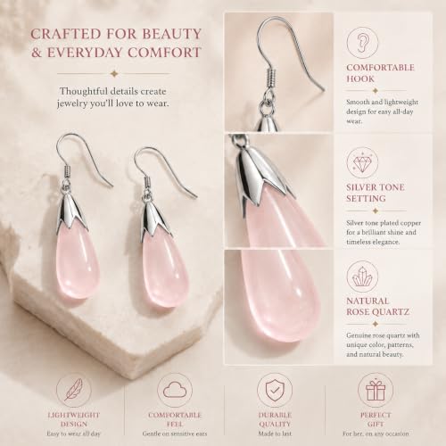 Rose Quartz Earrings for Women Crystal Dangle Drop Birthstone Jewelry - image 5