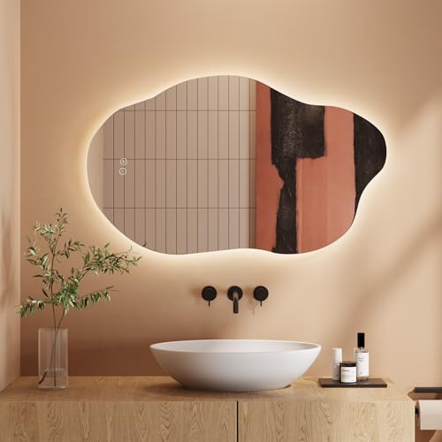 Dripex Miroir Salle de Bain 52 x 85cm, Miroir Asymétrique Salle de Bain avec éclairage LED, Interrupteur Tactile, Lumière Réglable 3 Couleurs, Anti-buée, Mémoire