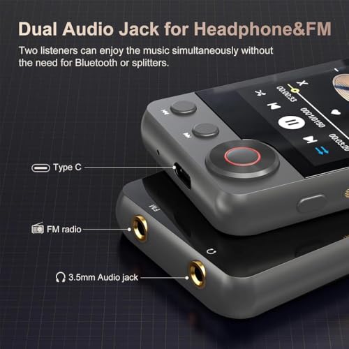 Image of AUDIOCULAR M71 MP3 Music Player with Bluetooth 5.3, HiFi Speaker, 2.4 inch Touch Screen, 32GB Storage (Up to 128GB), Dual Audio Jack, Type-C Port, Video Playback, E-Book, Alarm, FM Radio etc. (32GB-Grey)