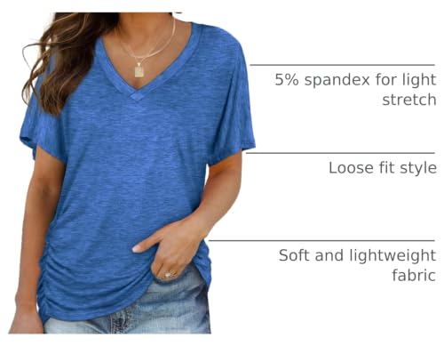Image of WIHOLL Womens Summer T-Shirts Short Sleeve V Neck Dolman Tops with Side Shirring Loose Fit Shirts Spring Fashion