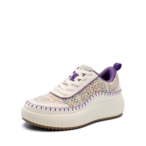 DREAM PAIRS Women Chunky City Tweed Comfortable Casual Platform Fashion Sneaker 5 White/Purple