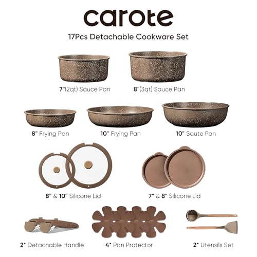 CAROTE 17PCS Pots and Pans Set Non Stick with Detachable Handle, Nonstick Cookware Sets, Cooking Kitchen Set, Oven/Dishwasher Safe, Induction Cookware, Brown, RV Kitchen Pot and Pan - Image 3