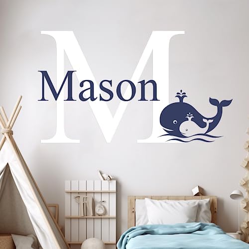 Personalized Name & Initial Ocean Wall Decals I Whale Baby Decorations for Boy & Girl Bedroom I Ocean Theme Classroom I Nursery Whale Decor I Ocean Animals I Multiple Size & Color Options (Wide 22" x 15" Height)