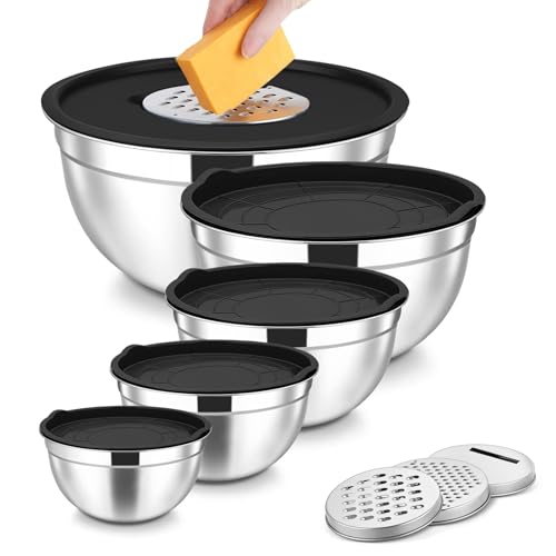 Mixing Bowls Set of 5, Stainless Steel Metal Salad Bowl with Airtight Lids & 3 Graters, Perfect for Baking, Cooking, Prepping Serving, Size 1/1.5/2/2.5/3.5/Qt （Black）