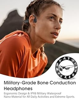 ZOVIMAX Militaire Casque Conduction Osseuse, Bluetooth 6.0, IP68 Étanche Natation Sport-Écouteurs, Mémoire MP3 32Go Intégrée, Autonomie 12h, Anti-Vent Open Ear Sport Écouteur, Natation/Course/Cyclisme