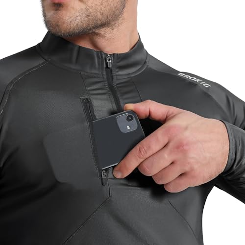 BROKIG Mens Dualzip Gym 1/4 Zip Top,Muscle Tight fit Lightweight Outdoor Athletic Long Sleeve Pullover with Pockets - Image 4