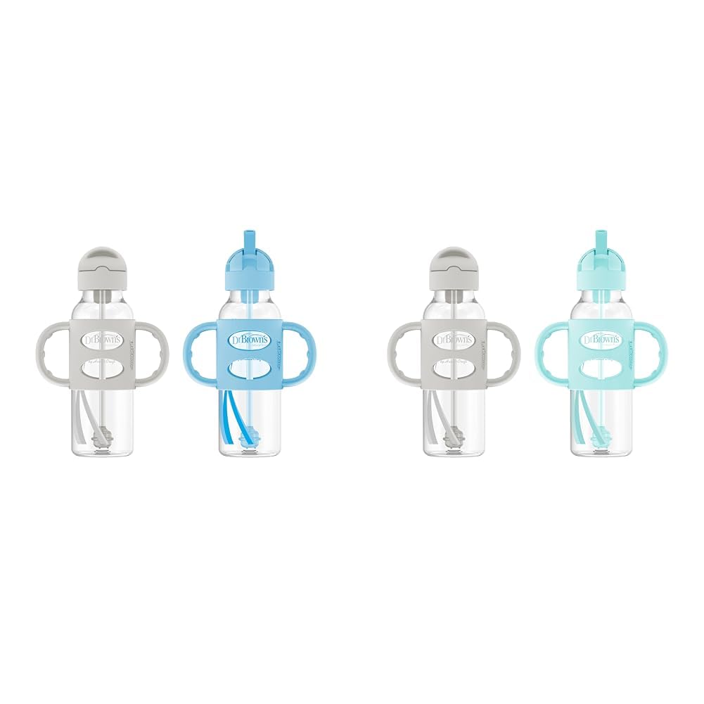 Dr. Brown's Milestones 8 oz Gray & Blue and Gray & Green Sippy Straw Bottles with Weighted Straw, Spill-Proof Lid, Silicone Handles